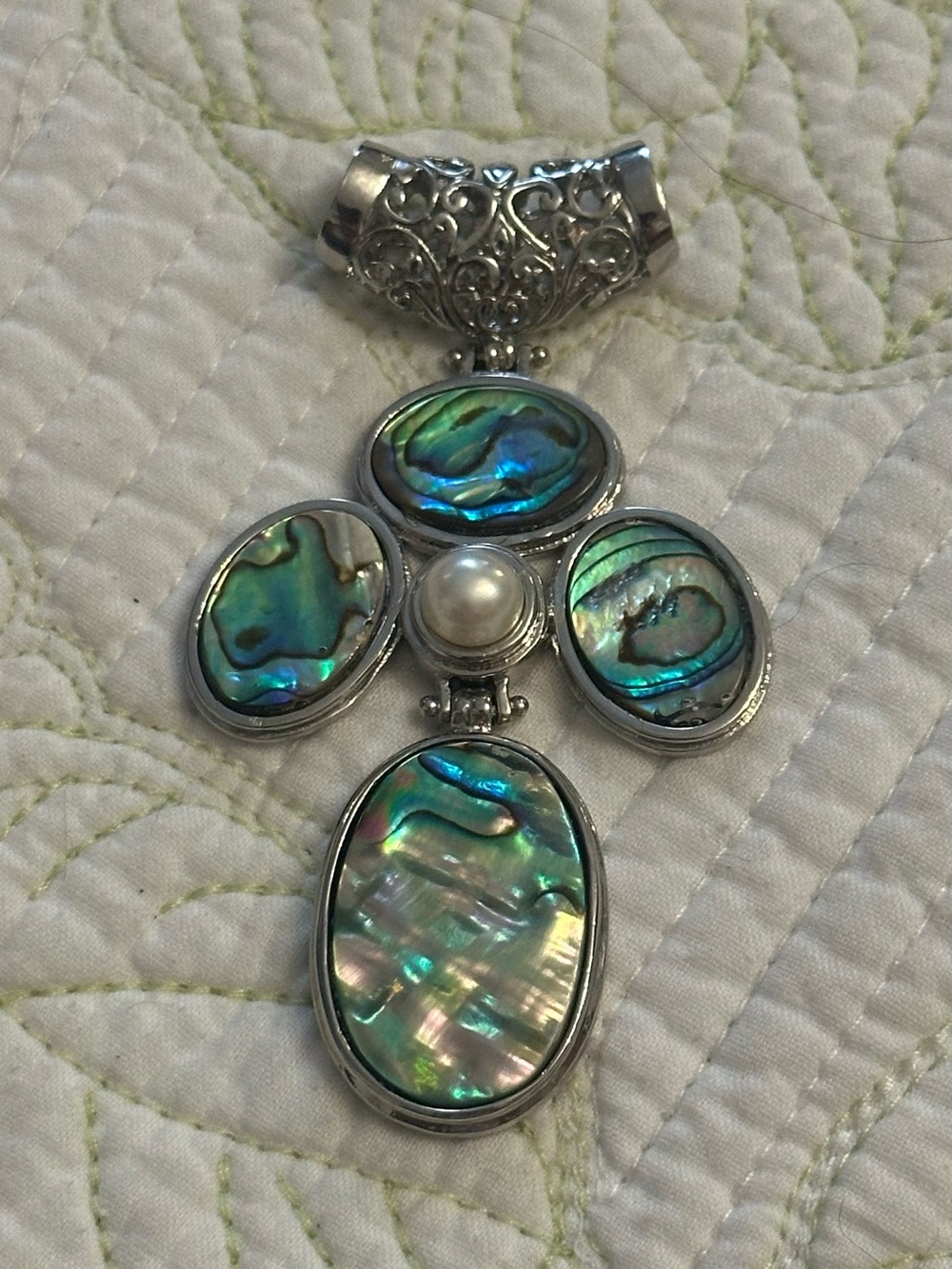 Sterling Silver Abalone Pearl Pendant Necklace - Iridescent Green Blue